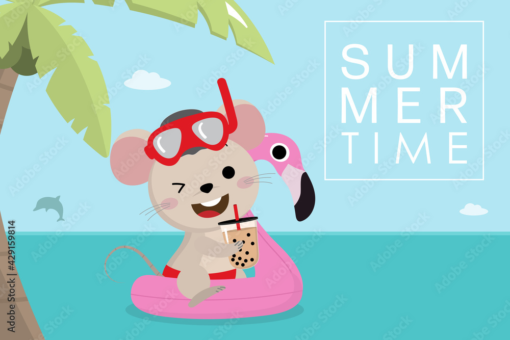 Summer with cut mouse and pink flamingo swim rubber ring. Little rat and animal pool toys are swimming in the sea with iced bubble milk tea. Summer with cut mouse and pink flamingo swim rubber ring. Little rat and animal pool toys are swimming in the sea with iced bubble milk tea.