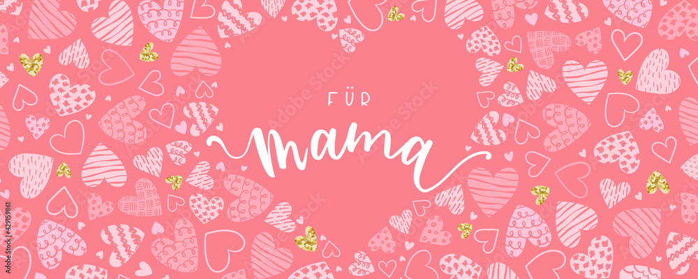 Cute Mother's Day banner design, lovely hand drawn hearts and hand lettering in german 