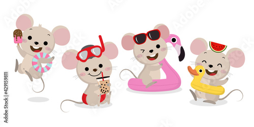 ute mouse and summer vacation vector set. Little rat with ice-cream and duck rubber ring on the beach. Animal wildlife cartoon character.