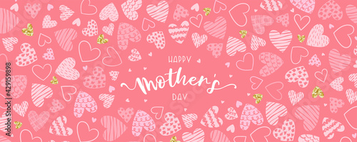 Cute Mother's Day banner design, lovely hand drawn hearts and hand lettering - vector design