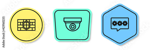 Set line Shield with brick wall, Security camera and Password protection. Colored shapes. Vector