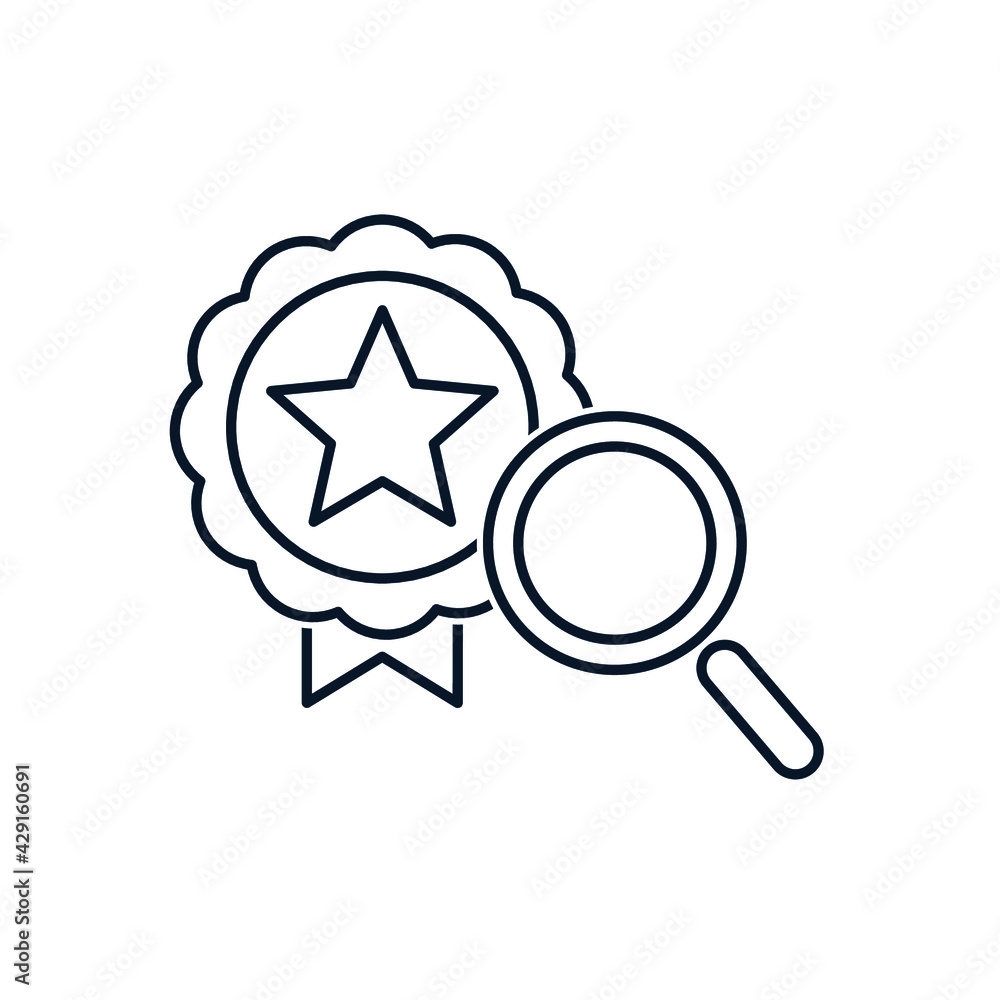 Medal, order, magnifying glass. Concept of check, quality assessment. Vector icon isolated on white background. Medal, order, magnifying glass. Concept of check, quality assessment. Vector icon isolated on white background.
