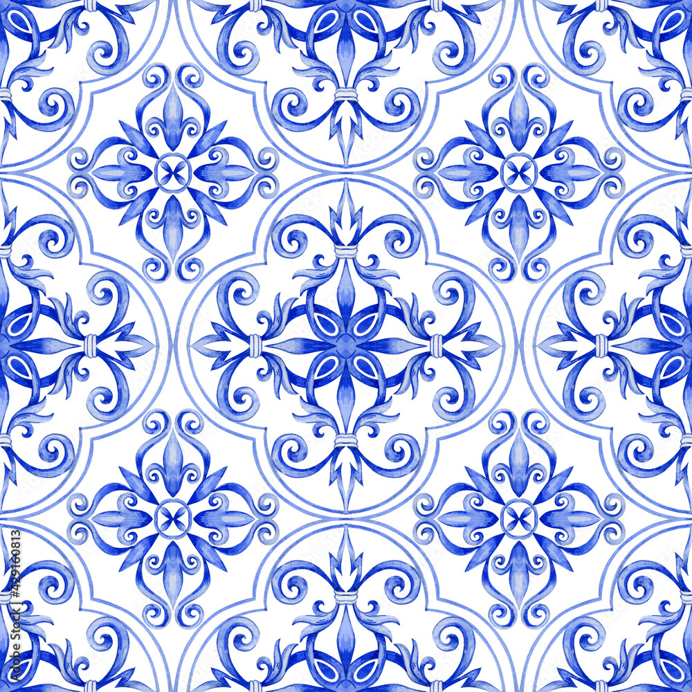 The blue pattern on the tiles is hand-drawn in watercolour, a seamless floral pattern.