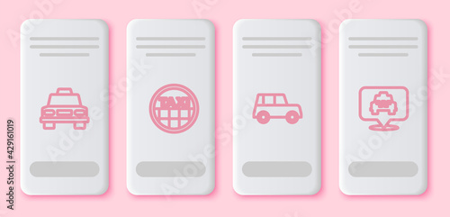 Set line Taxi car, roof, Car and Location with taxi. White rectangle button. Vector