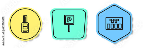 Set line Car key with remote, Parking and Taximeter. Colored shapes. Vector