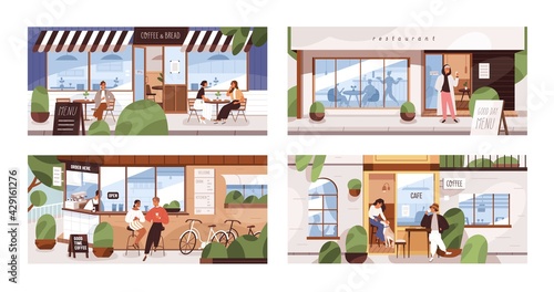 People drinking and eating outside on cafe and restaurant terraces, in coffee shops and small cafeterias. Set of men and women sitting at street tables on patio. Colored flat vector illustration
