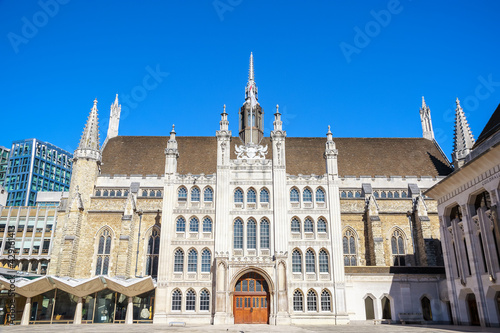 Exterior of Guildhall in the City of London, England against a cloudless sky