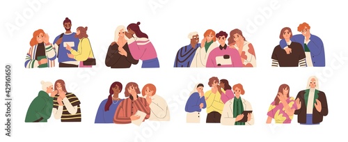 Happy and unhappy people gossiping, whispering in ear, slandering, spreading secrets, rumors, confidential information and news. Colored flat graphic vector illustration isolated on white background photo