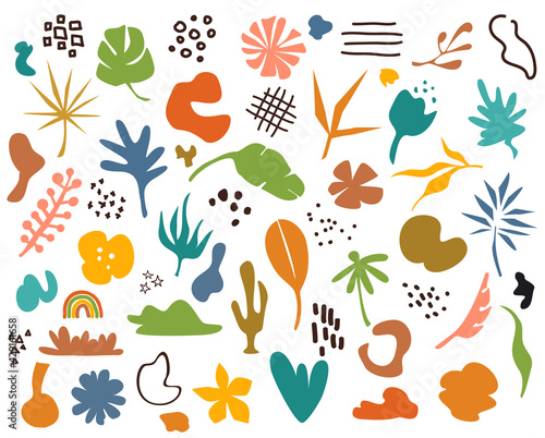 different hand drawn abstract  modern art shapes, plants, flowers, brush strokes, quirky elements graphics