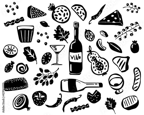 doodled wine and cheese, appetizers fruits nuts items in black color