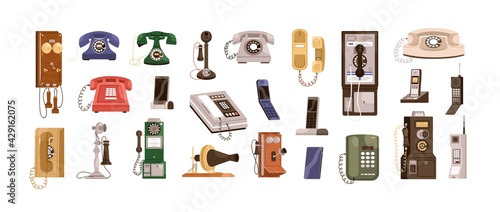 Vintage telephones and modern mobile phones set. Old antique analog devices for communication. Desktop rotary, radiophone and cellphone. Colored flat vector illustration isolated on white background