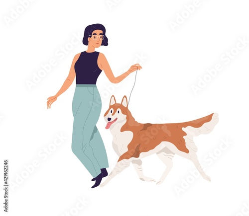 Happy young woman walking with dog. Pet owner leading her Akita-Inu doggy on leash. Female character and purebred Alaskan Malamute. Colored flat vector illustration isolated on white background