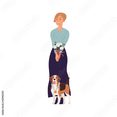 Portrait of young happy woman and cute dog standing together with golden medal as winner of doggy championship. Pet owner and beagle puppy. Colored flat graphic vector illustration isolated on white