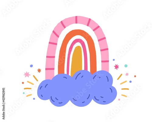 Cute funny rainbow, magic cloud and stars isolated on white background. Child...