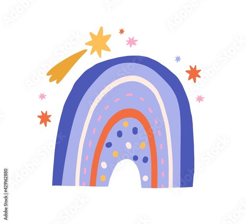 Cute funny rainbow with magic shooting stars isolated on white background. Sweet childish doodle drawing of abstract Scandinavian arch. Children's flat vector illustration in Scandi style