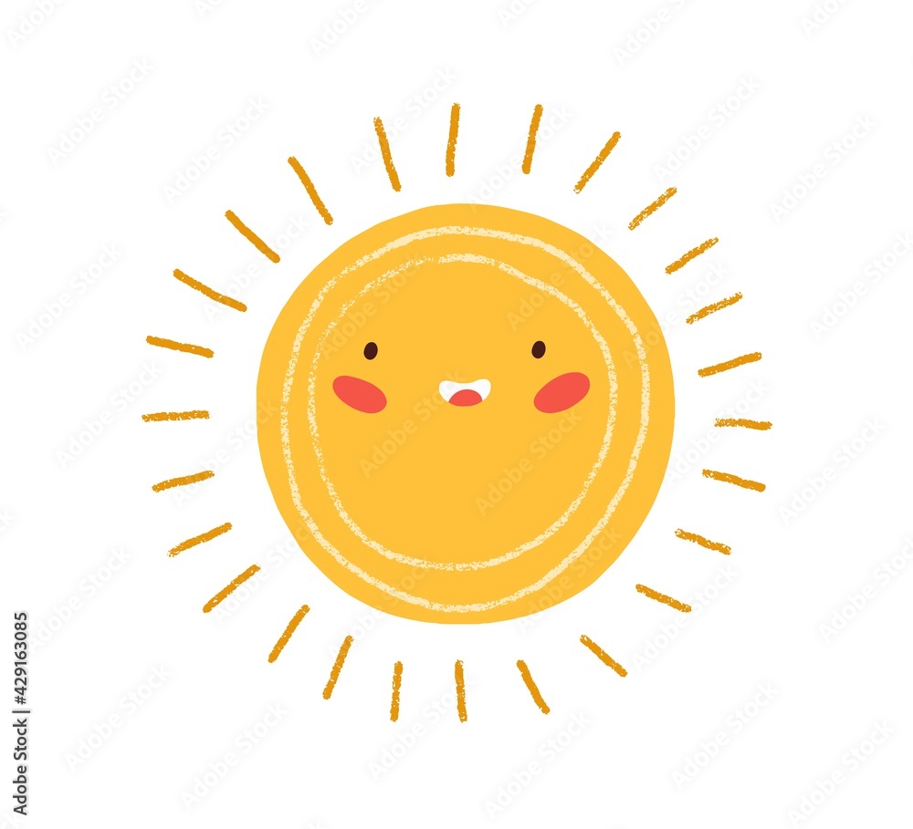Cute happy summer sun with rays. Childish drawing of solar circle in Scandinavian style. Sunny weather doodle icon. Colored flat textured vector illustration isolated on white background Cute happy summer sun with rays. Childish drawing of solar circle in Scandinavian style. Sunny weather doodle icon. Colored flat textured vector illustration isolated on white background