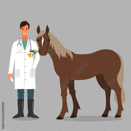 Happy veterinarian doctor character with farm animal - horse.
