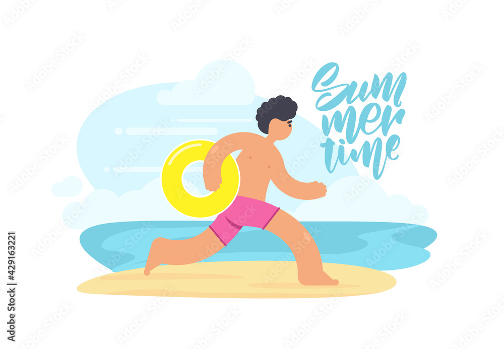 Vector illustration of running man with yellow Inflatable ring on sunny beach background. Flat cartoon scene.