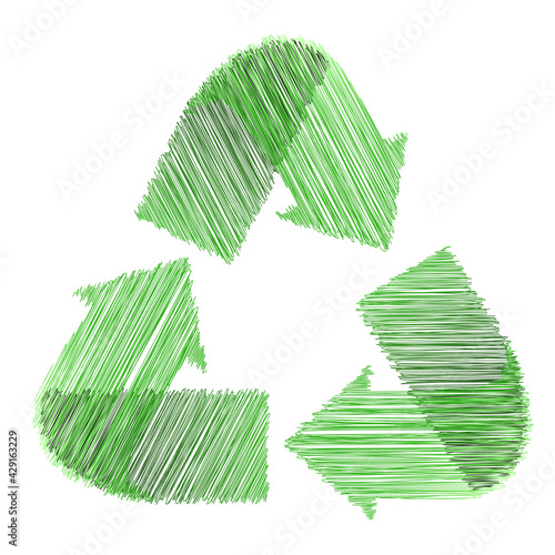 Sketch of recyling symbol, green drawing recyling icon. Vector illustration.