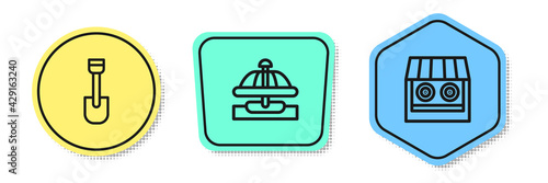Set line Shovel toy, Attraction carousel and Shooting gallery. Colored shapes. Vector