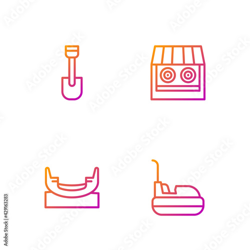 Set line Bumper car, Boat swing, Shovel toy and Shooting gallery. Gradient color icons. Vector