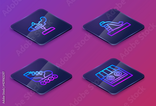 Set Isometric line Swing plane, Roller skate, Kid slide and Shooting gallery. Blue square button. Vector