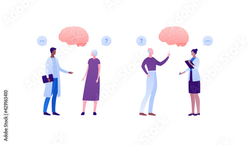 Doctor and patient. Brain disease concept. Vector flat people illustration set. Male and female medic talk with senior. Speech bubble with question mark. Design element for health care.