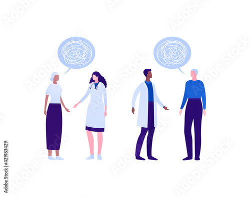 Doctor and patient. Brain disease concept. Vector flat people illustration set. Male and female medic talk with senior. Speech bubble with tangled thread confusion symbol. Design for health care.