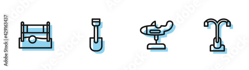 Set line Swing plane, Volleyball net with ball, Shovel toy and Street light icon. Vector