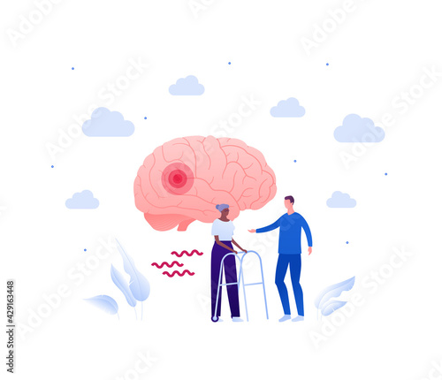 Doctor and patient. Brain disease concept. Vector flat people illustration. Male nurse care of african american female senior with walker. Pain and parkinson disease symbol. Design for health care.
