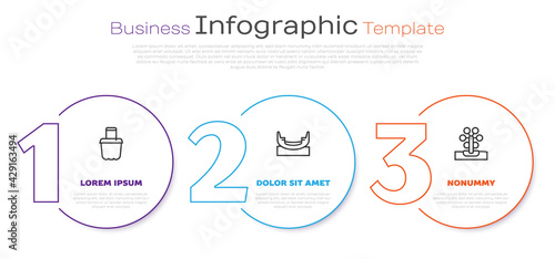 Set line Sand in bucket, Boat swing and Ferris wheel. Business infographic template. Vector
