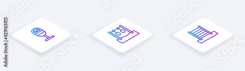 Set Isometric line Trash can, Gymnastic rings and Swedish wall. White square button. Vector