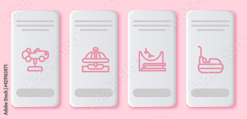 Set line Swing car, Attraction carousel, Skate park and Bumper. White rectangle button. Vector