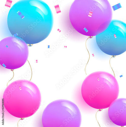 Frame made of round 3d balloons with confetti, white empty place for your copy inside, baby shower template
