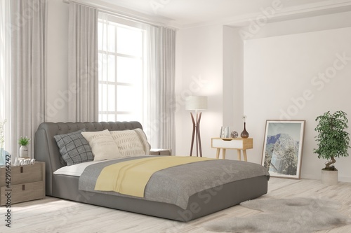 Soft color bedroom interior. Scandinavian design. 3D illustration