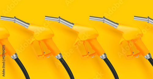 Vector banner poster backdrop for gas station with 3d illustration of fuel nozzle in yellow mono color style