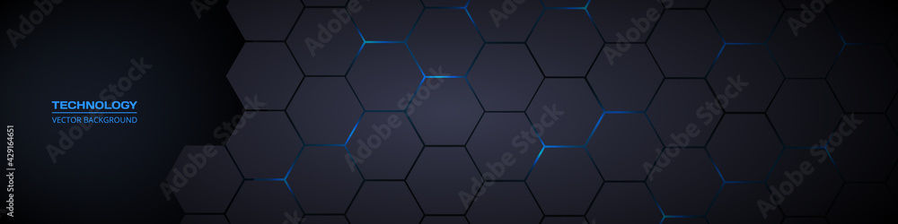 Dark gray and blue horizontal hexagonal technology abstract vector background. Blue bright energy flashes under hexagon in futuristic modern technology wide banner. Dark gray honeycomb texture grid.