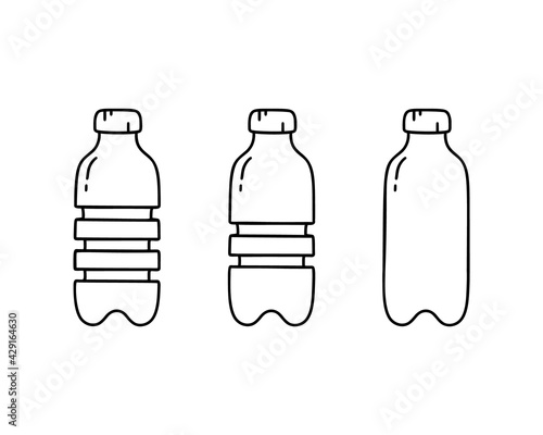 PET bottle doodle icons set. Hand drawn simple illustration of plastic container for water, liquid, oil. Contour isolated vector pictogram on white background