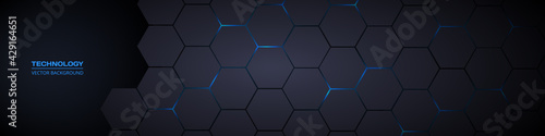 Dark gray and blue horizontal hexagonal technology abstract vector background. Blue bright energy flashes under hexagon in futuristic modern technology wide banner. Dark gray honeycomb texture grid.