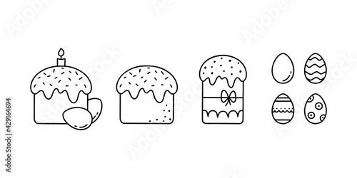 Easter doodle icons set. Different cakes with icing, sprinkles and decorated eggs. Black hand drawn illustration of traditional food. Contour isolated vector on white background