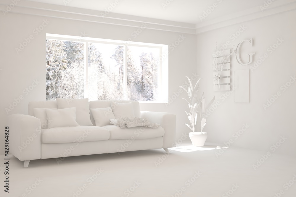 Mock up of stylish room in white color with sofa and winter landscape in window. Scandinavian interior design. 3D illustration Mock up of stylish room in white color with sofa and winter landscape in window. Scandinavian interior design. 3D illustration