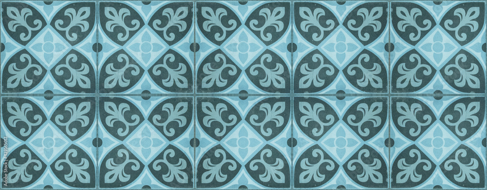 Seamless blue turquoise vintage worn shabby flower leaf print patchwork square motive mosaic tiles stone concrete cement wall texture background banner