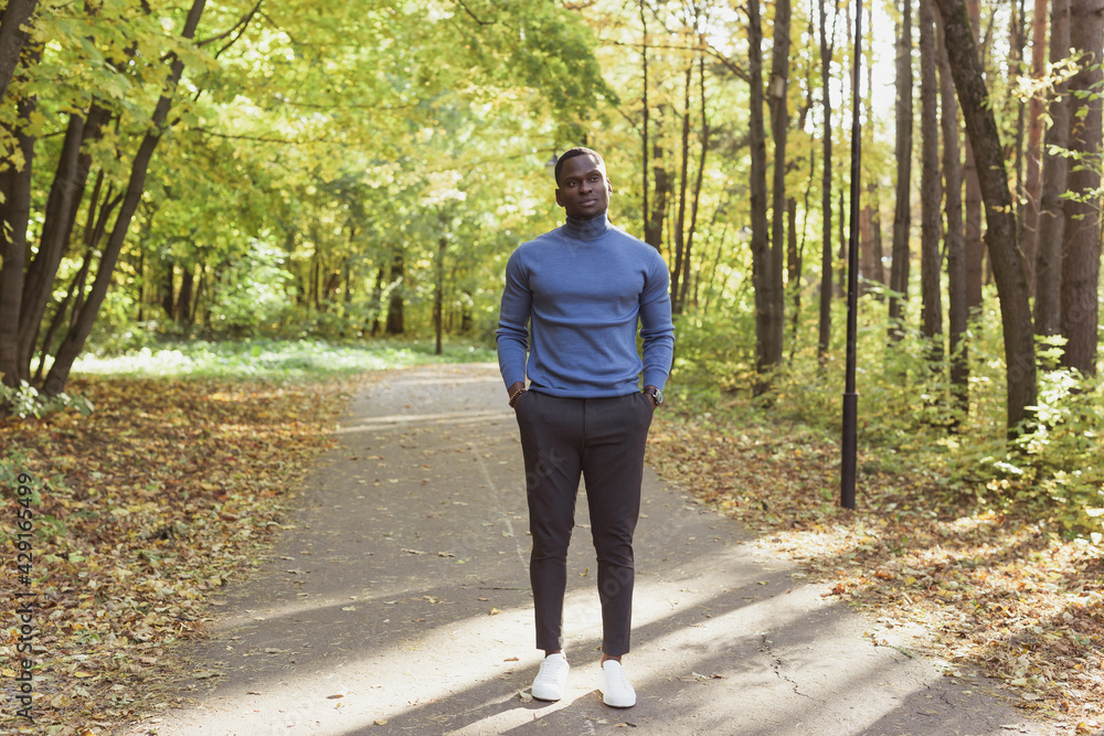 Fototapeta premium Positive african american young man in stylish clothes walks in late summer park on sunny warm warm day. Outdoor activity concept.