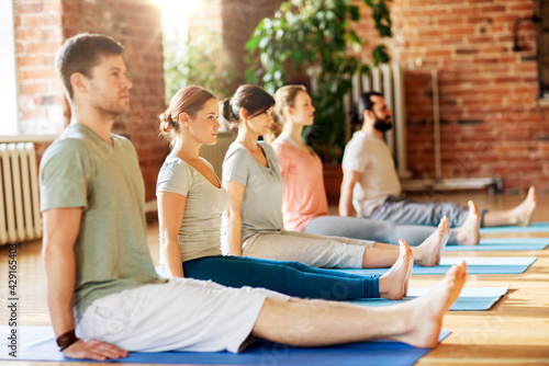 fitness, sport and healthy lifestyle concept - group of people doing yoga seated staff pose on mats at studio