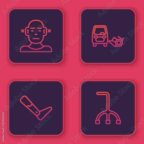 Set line Deaf, Prosthesis leg, Disabled car and Walking stick cane. Blue square button. Vector