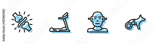 Set line Deaf, Joint pain, knee pain, Treadmill machine and Dog wheelchair icon. Vector