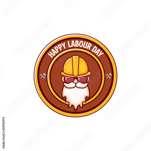 Happy labour day vector logo, label or stamp with funky worker on white background. vector happy labor day background or banner with man. workers may day poster