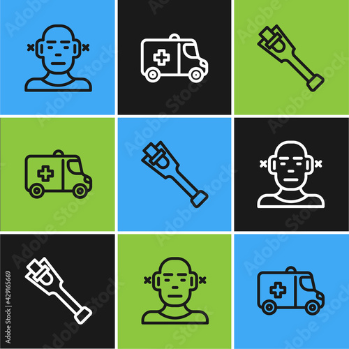 Set line Deaf, Prosthesis leg and Emergency car icon. Vector