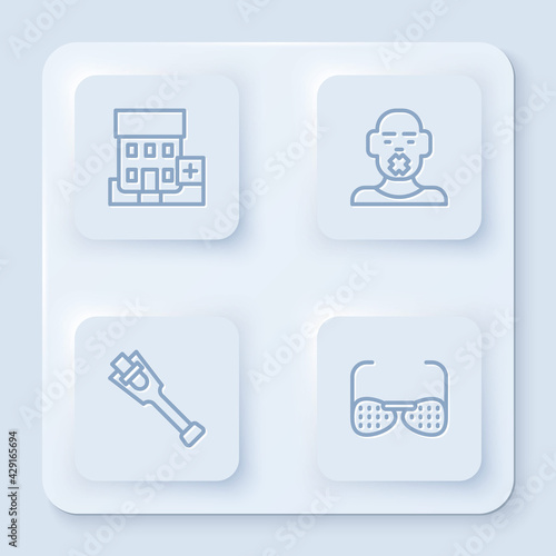 Set line Medical hospital building, Head of deaf and dumb, Prosthesis leg and Blind glasses. White square button. Vector
