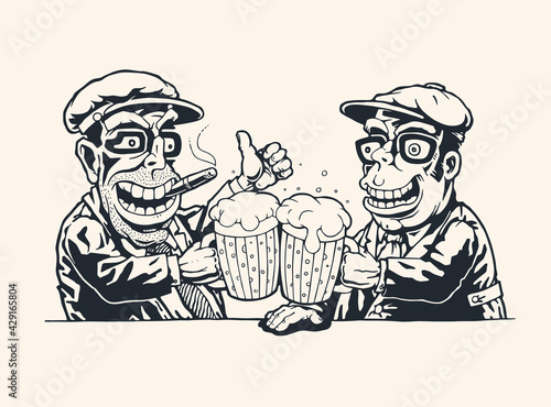 Two joyful men at the bar are raising mugs of beer.  Vector Illustration.